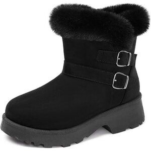 Women’s Furry Snow Boots Anti-Slip Platform Chunky Ankle Booties with Buckle